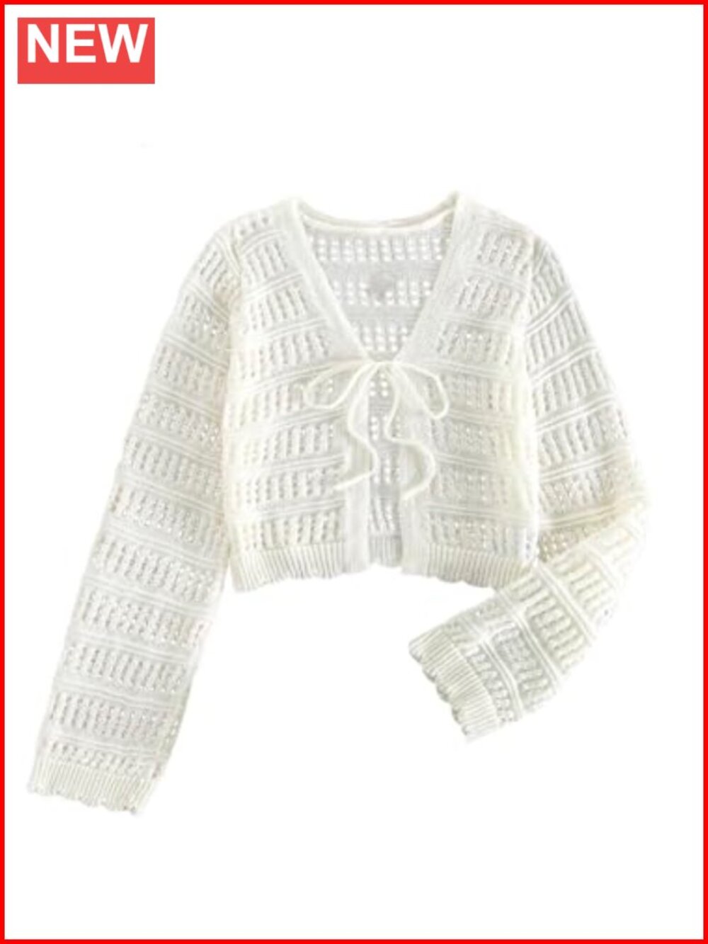 Crochet Cropped Knit Tie Front Cardigan V Neck Long Sleeve Sweater